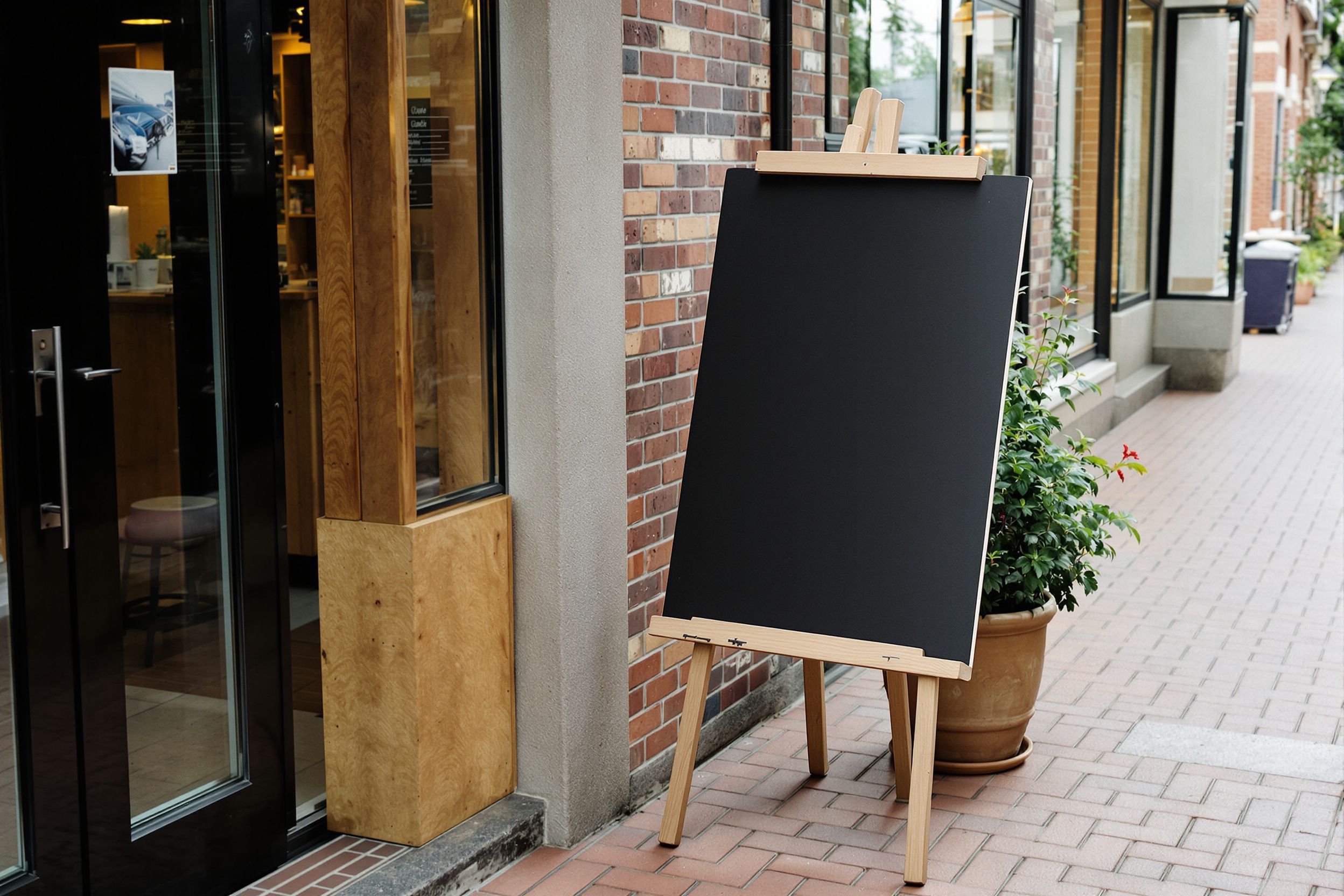 A blank chalkboard easel outside a cafe door