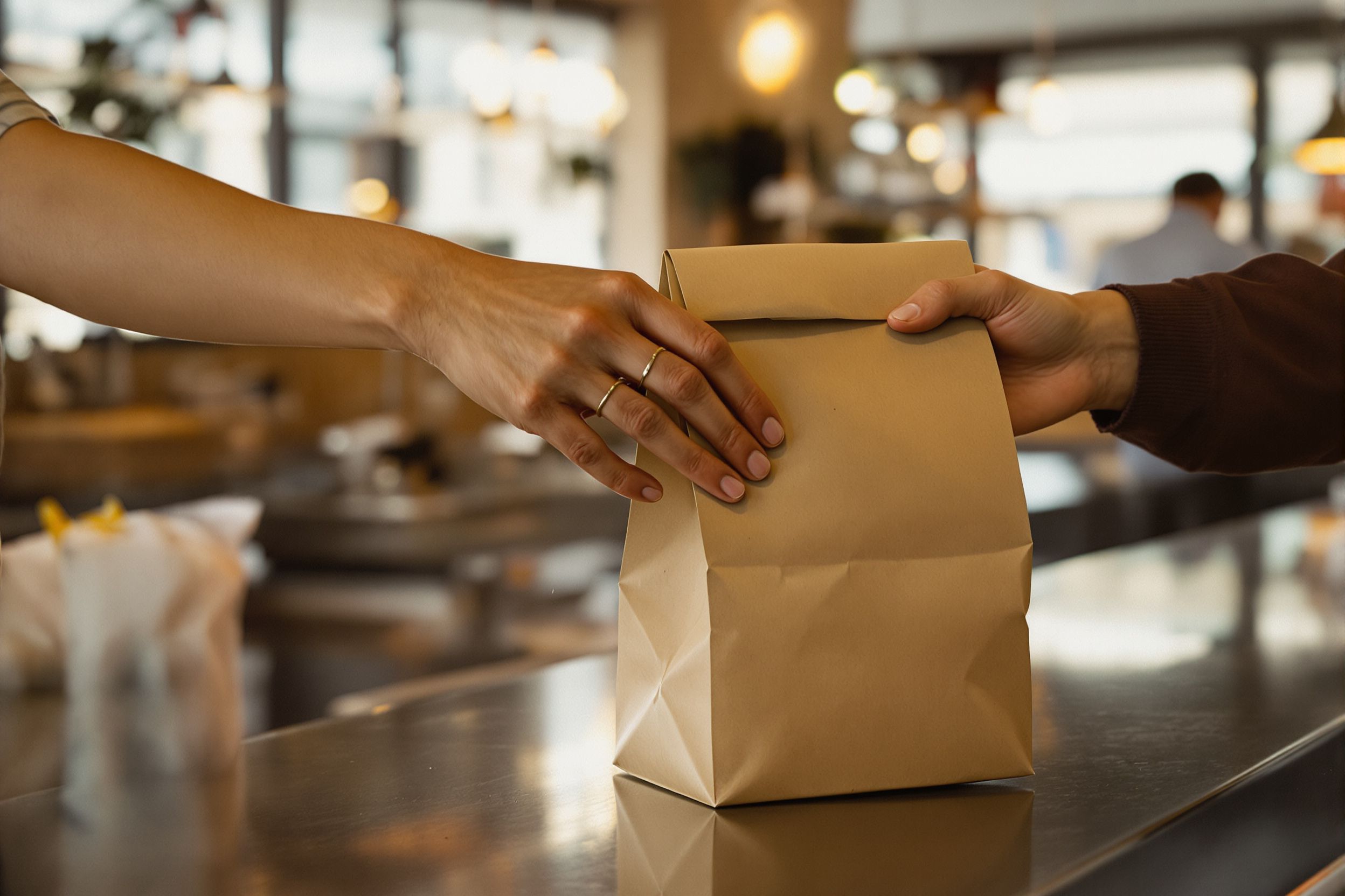 Hands passing a sealed paper delivery bag across a counter