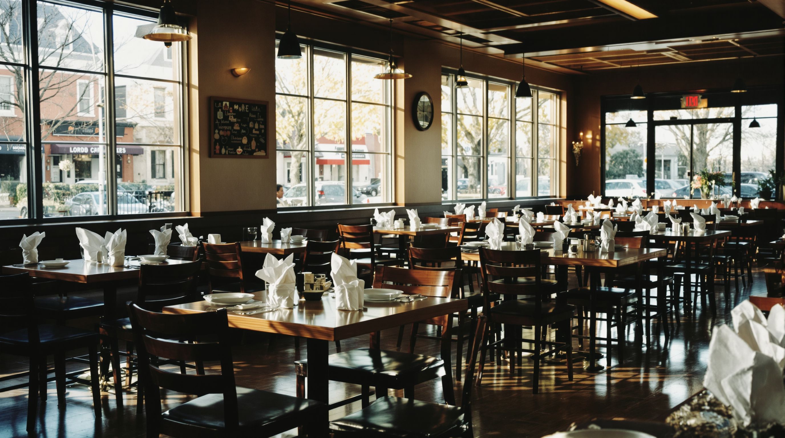 An empty dining room set for dinner service in afternoon light