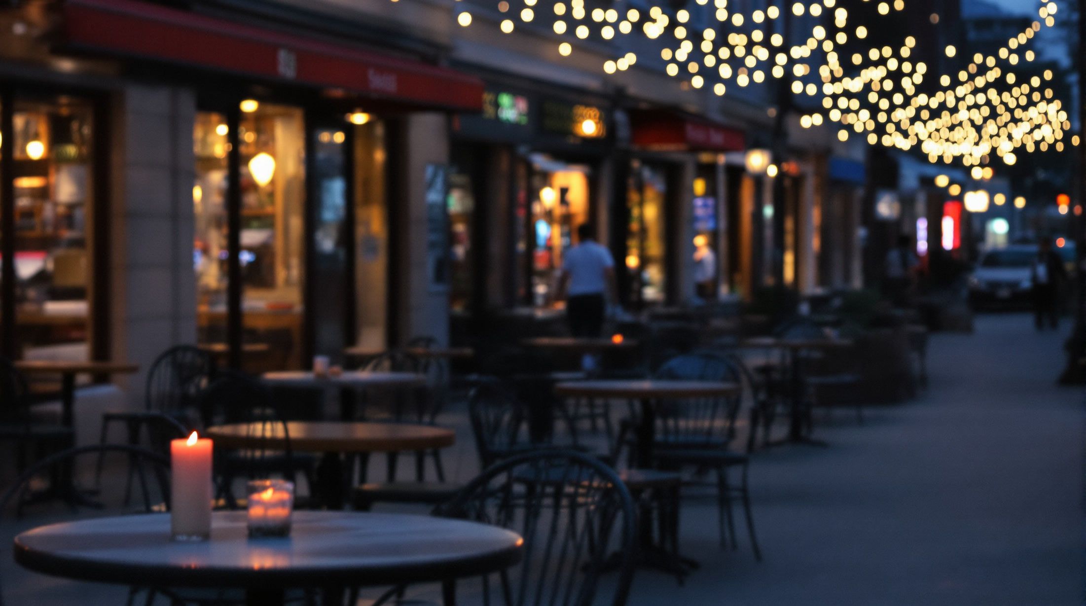 Cafe tables with candles on a restaurant street at dusk