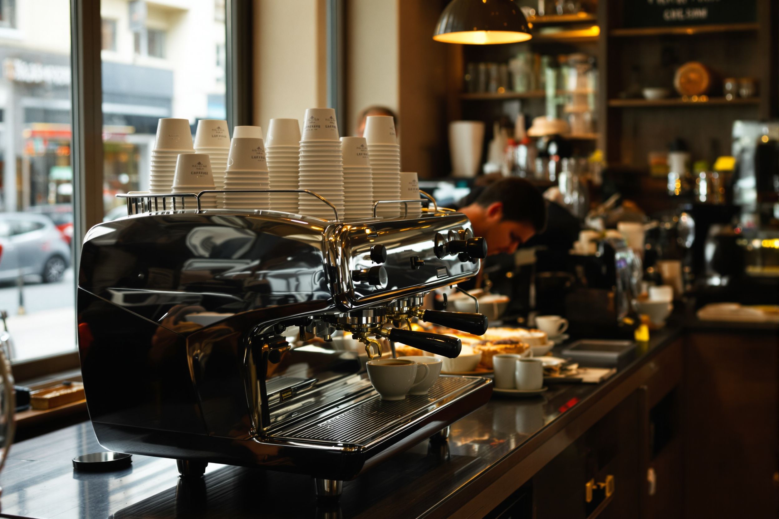 An espresso machine and pastry case on a cafe counter in morning light