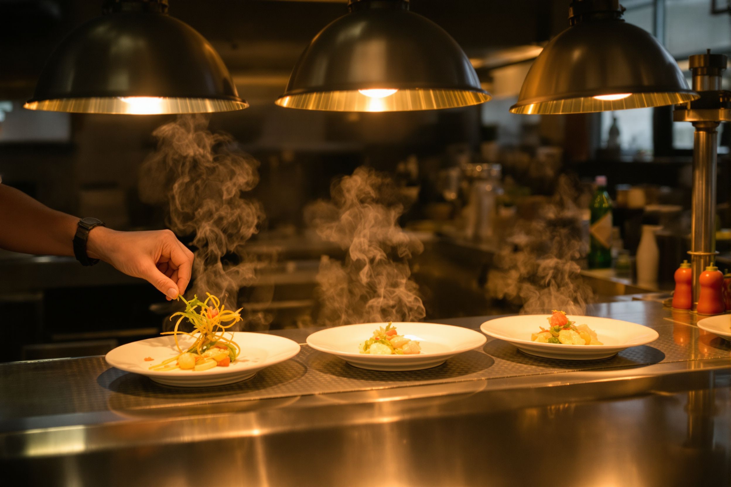 Three plates waiting under heat lamps on a stainless steel pass