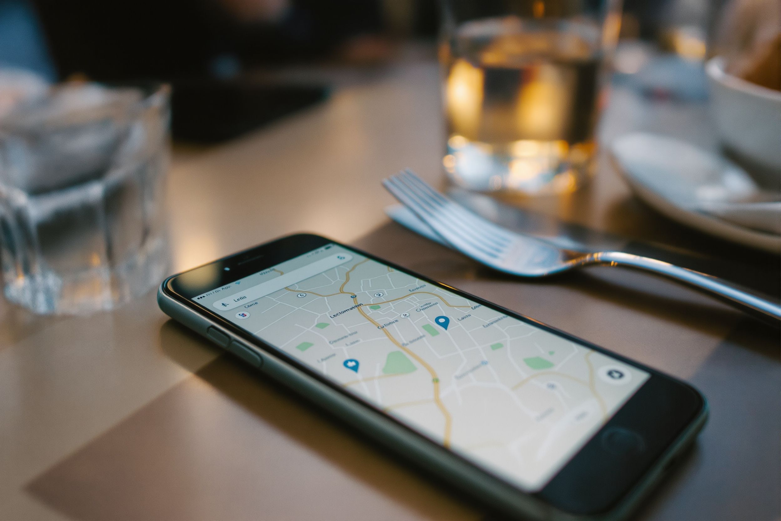 A phone showing a street map on a bistro table