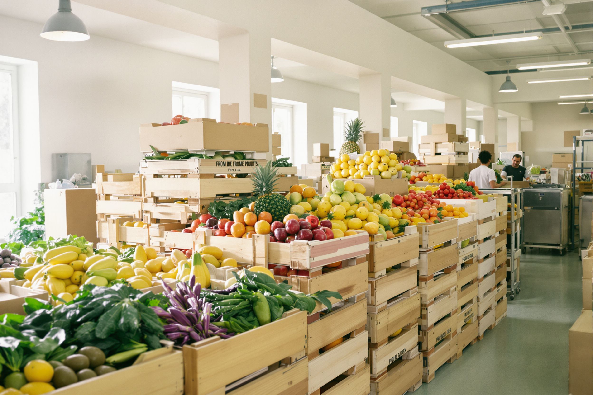 Crates of fresh fruit and vegetables packed for home delivery