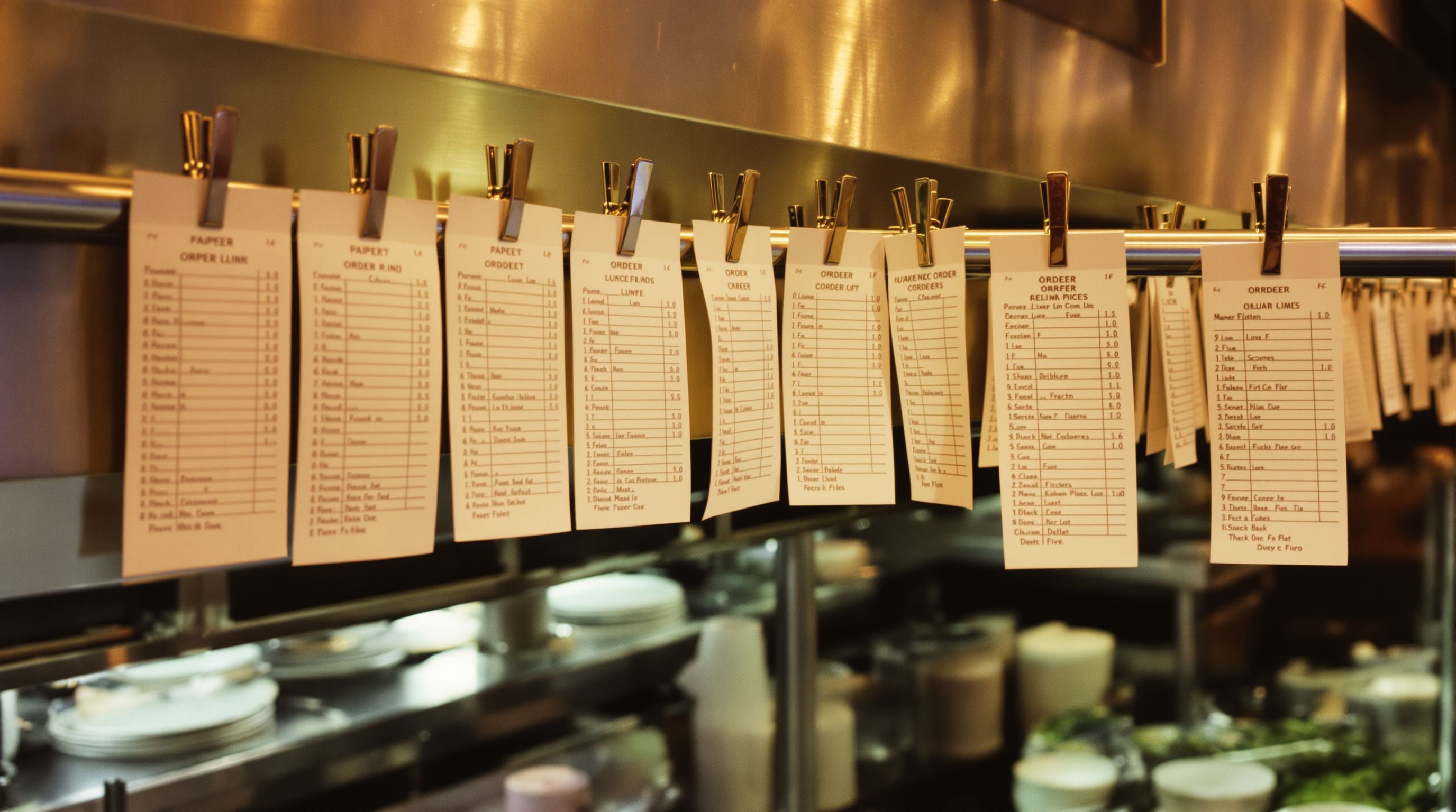 Paper order tickets clipped to a steel rail above a busy kitchen pass